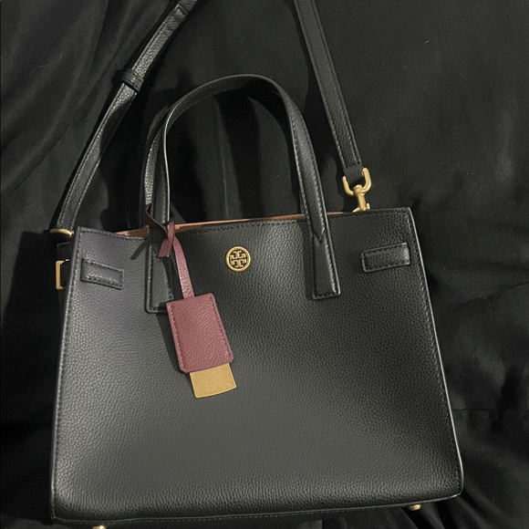 Tory Burch Handbags - Tory Burch Black Satchel with Burgundy Tag and Gold Hardware